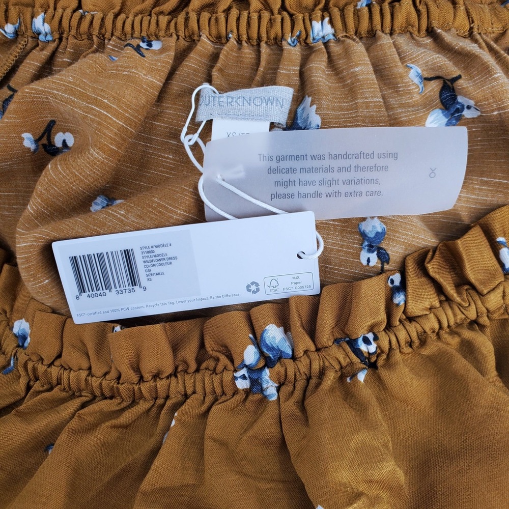 Outerknown Wildflower Dress Womens XS Gold Mustard Floral Silk Organic Cotton‎ - Picture 5 of 10